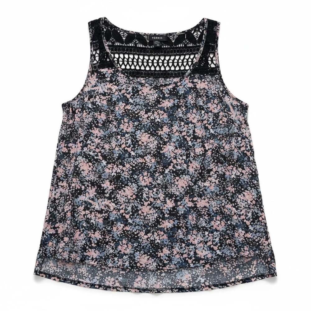 Torrid Floral Georgette Sleeveless Tank Top with Crochet Lace Yoke Size 00